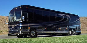 Luxury motorcoach in RV storage in Ontario